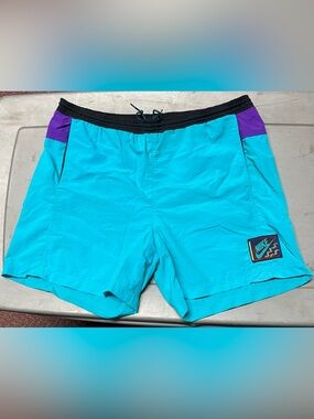 Nike Men's Turquoise Vintage Swim Trunks with Black Waistband and Purple Accents